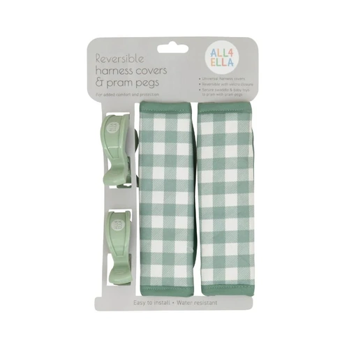 Reversible Harness Covers And Pram Pegs - Gingham Sage