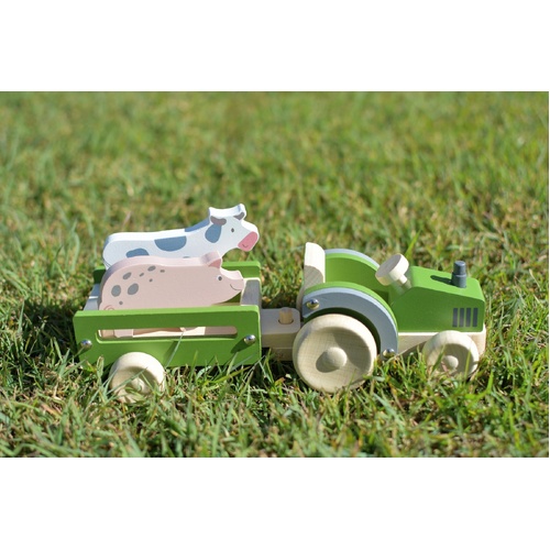 Wooden Tractor With Farm Animal - Cow + Pig