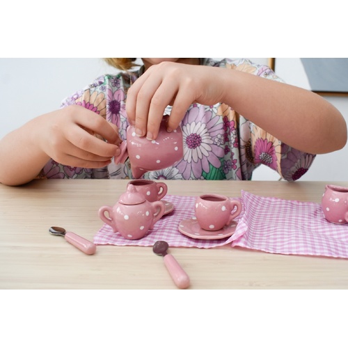 Pink Polka Dot Porcelain Tea Set - 13 Pieces