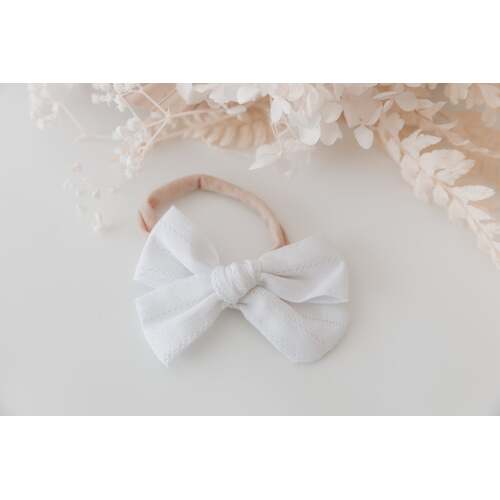 Embroidered Bow Headband - White