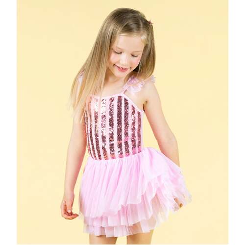 Rock Your Kid Pink Stripe Sequin Tulle Leotard Dress - Pink