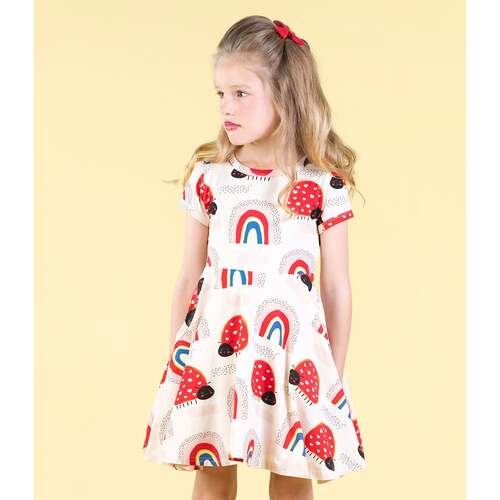 Rock Your Kid Love Bug Rainbow Waisted Dress - Ecru