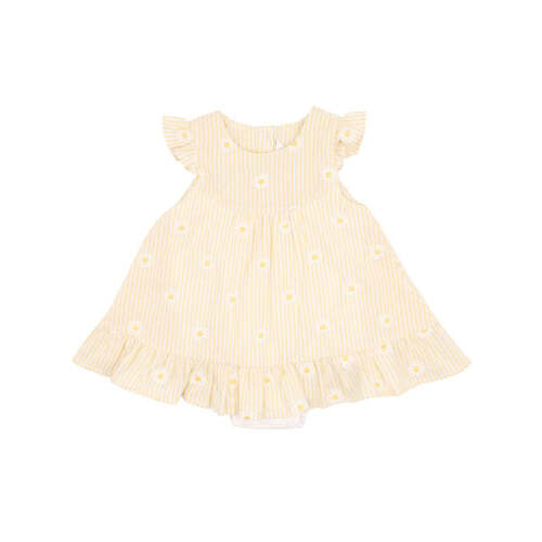 Tillie Emb Daisy Overaly Dress - Lemon Stripe