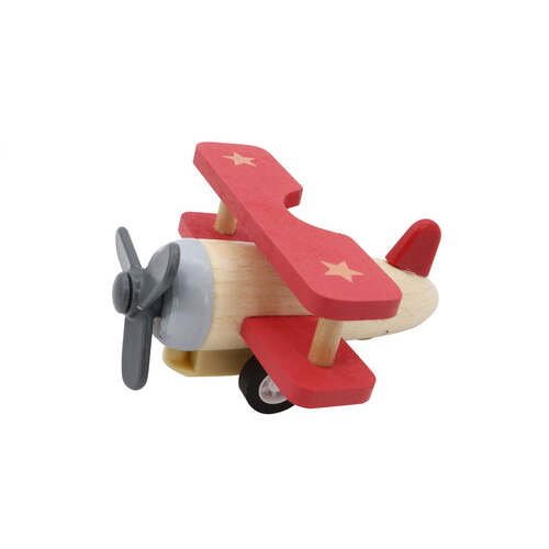 Retro Wooden Pull Back Biplane - Red